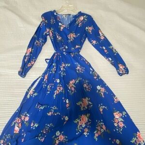 LOFT Babydoll Midi Dress Vibrant Blue Floral Spring Design Long Sleeve Sm Petite